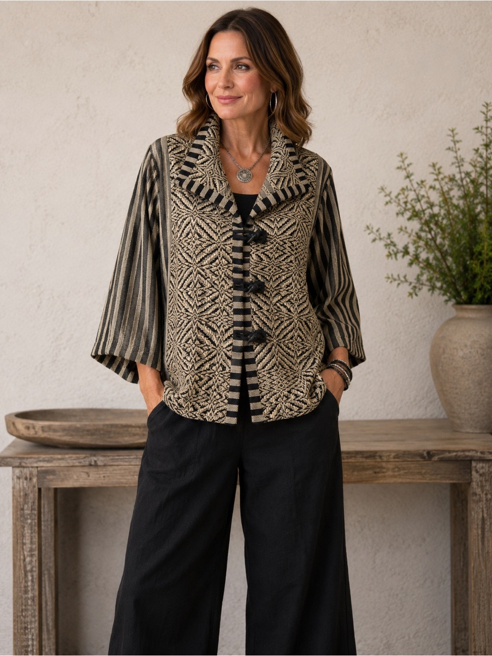 Patricia Palson Handwoven Jacket Wearable Art Black Cream Toggle